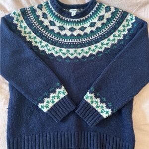 L.L. Bean Navy and Green Patterned Crew Neck Sweater